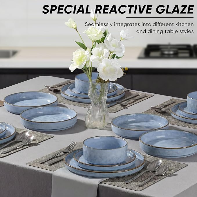 E-far 24-Piece Plates and Bowls Sets with Pasta Bowls - Stoneware Dinnerware Set for 6, Modern Ribbed Dishes, Microwave & Dishwasher Safe, Reactive Blue