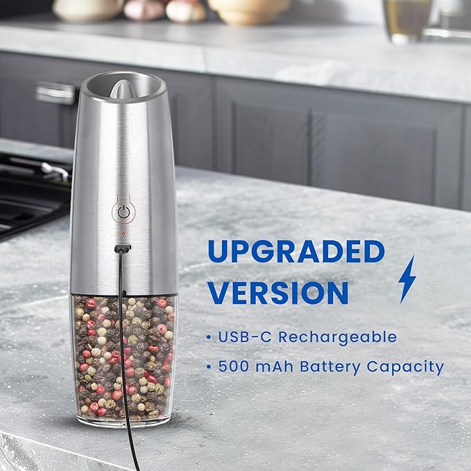 Rechargeable Electric Salt and Pepper Grinder set of 2, gravity electric salt and pepper grinder set, Adjustable Roughness, LED Light, 2 Pack, (Silver)