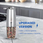 Rechargeable Electric Salt and Pepper Grinder, gravity electric salt and pepper grinder, Adjustable Roughness, LED Light, 1 Pack, (Silver)