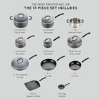 T-Fal Ultimate Hard Anodized Nonstick Pots and Pans Set 17 Piece, Nonstick Cookware Set with Fry Pan, Saucepans, Saute-Pan, Griddle, Dishwasher Safe, Black