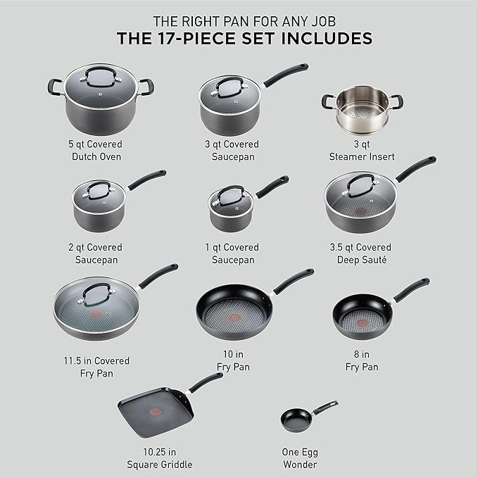 T-Fal Ultimate Hard Anodized Nonstick Pots and Pans Set 17 Piece, Nonstick Cookware Set with Fry Pan, Saucepans, Saute-Pan, Griddle, Dishwasher Safe, Black