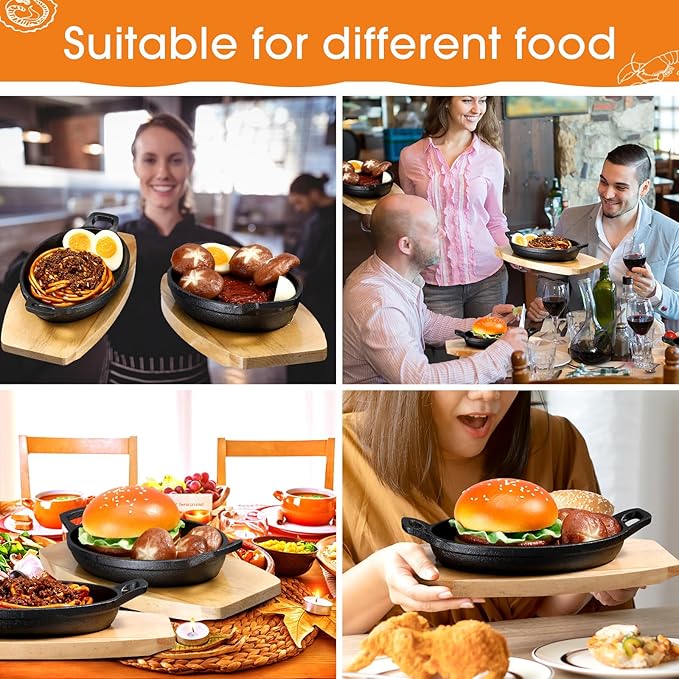 Mifoci 4 Pcs Mini Cast Iron Skillet with Wooden Base Small Cast Iron Fajita Plates Baker's Skillet Matte Black Pan Pot for Kitchen Restaurant Barbecue Dinner (8.5 x 6.1 x 1.7 Inches)