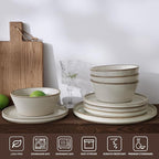 Famiware Plates and Bowls Sets, Annecy Stoneware Dinnerware Sets for 8, 24 Pieces Dish Set, Plate with Lip Edge, Reactive Glaze Tableware - Microwave & Dishwasher Safe, Grey-White