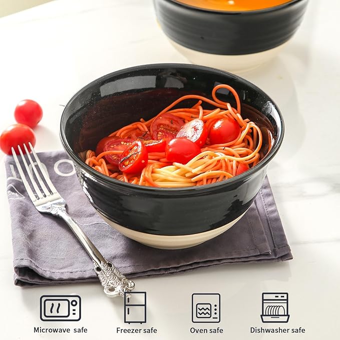 HASENSE Ceramic Soup Bowls, 40 oz Large Salad Cereal Bowls Set of 4, Stackable Serving Bowls for Kitchen, Bowls for Pasta Ramen Noodle Pho, Dishwasher Microwave Safe, Gloss Black & Matte White