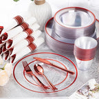 Goodluck 350 Piece Red Plastic Dinnerware Set for Party, Clear Disposable Plates for 50 Guests, Includes 100 Plates, 50 Pre Rolled Napkins with Cutlery Set, 50 Cups for Graduation, Wedding, Christmas