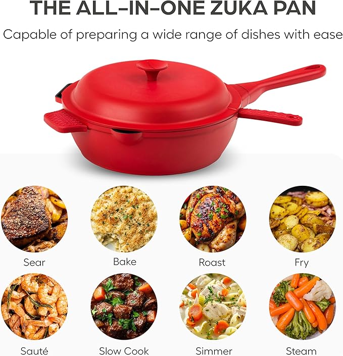 ZUKA 10 in 1 Ceramic Pan by Granitestone, Large 10 Inch Saute Pan with Lid Serves as Deep Frying Set with Steamer, Everyday Skillet, Non Toxic Ceramic Nonstick, Induction Oven & Dishwasher Safe