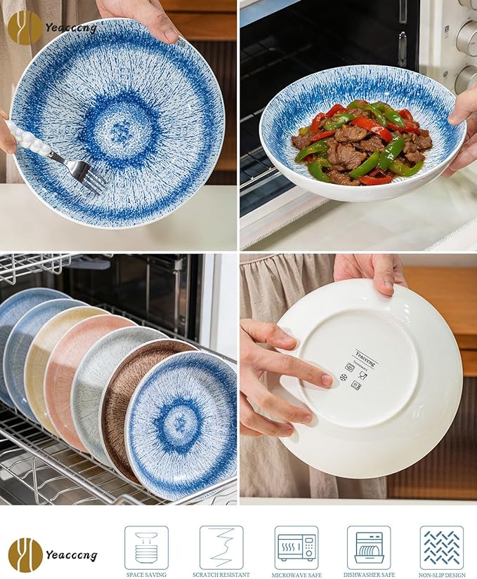 Yeacccng Pasta Bowls Set of 6, 8.7 Inch 39 Oz Colorful Reactive Glaze Ceramic Bowls, Modern Farmhouse Style, Lead-Free Cadmium-Free, Dishwasher Microwave Oven Safe, Scratch-Resistan (Blue)