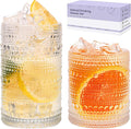 Moretoes Water Glass Cups Set of 2 Hobnail Drinking Glasses, Vintage Glassware 12 Oz Highball Glasses & 10 Oz Cocktail Glasses, Clear Embossed Tumbler Glassware Set for Whiskey, Beer, Juice, Milk