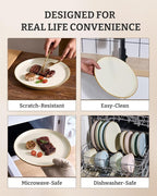 Famiware Saturn Plates and Bowls Dish Sets for 6 (18 Pieces), Stoneware Dinnerware Set with Hand-Painted Trim - Chip & Scratch Resistant, Microwave & Dishwasher Safe Ceramic Dishes, Vanilla White