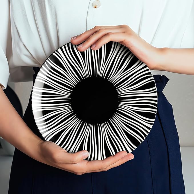 Ceramic Dinner Plates Set of 6-8 Inch Dessert Plates, Black and White Porcelain Dinner Plates Microwave, Oven & Dishwasher Safe, Minimalist Porcelain Dish Set