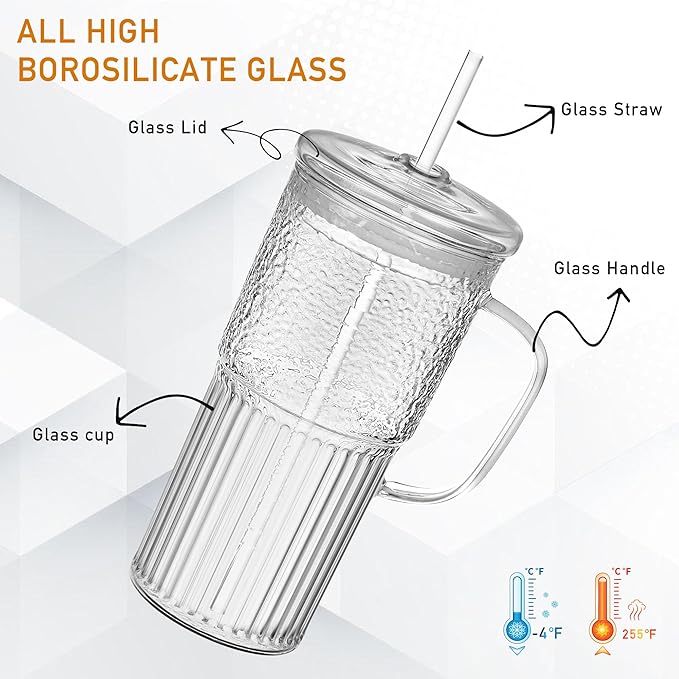 Glass Tumbler with Lids and Straws 2Pack 20oz Glass Cup with Handle-Wide Mouth Ice Coffee Cup Borosilicate Drinking Glasses for Smoothie Drinks