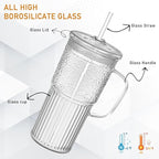 Glass Tumbler with Lids and Straws 2Pack 20oz Glass Cup with Handle-Wide Mouth Ice Coffee Cup Borosilicate Drinking Glasses for Smoothie Drinks