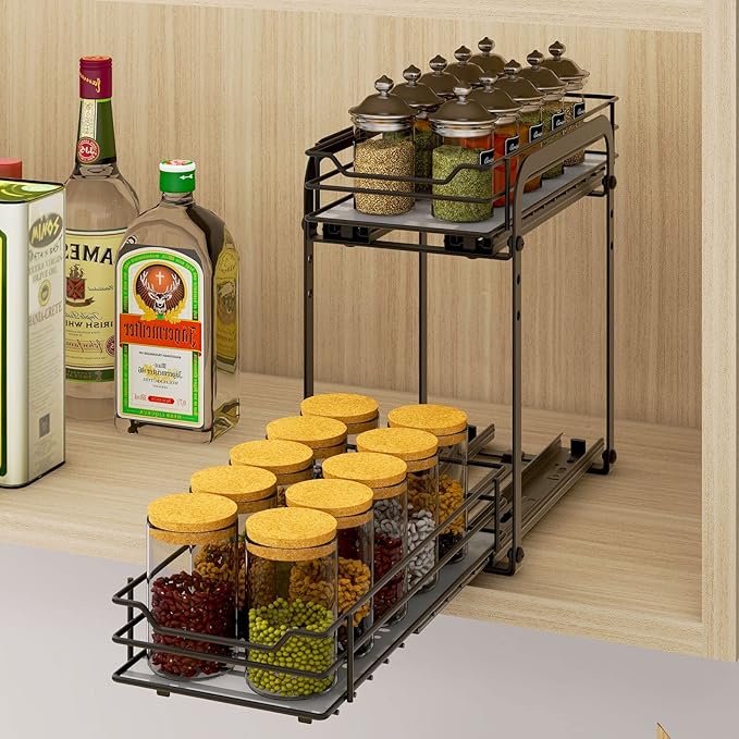 Spice Rack Organizer for Cabinet, 2 Tier Pull Out Spice Organizer for Cabinet Height Adjustable Heavy Duty Metal Basket for Inside Cabinets & Pantry Closet (5.5''Wx10.5''Dx9.5''H)