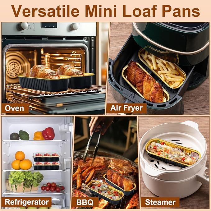 25 Pack Mini Cake Pans with Lids and Spoons, Small Aluminum Foil Loaf Pans, Rectangular Baking Containers for Party and Picnics, 6.8oz (Black/Gold)