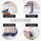 Country Kitchen Non Stick Silicone Utensil Set with Rounded Wood Handles for Cooking and Baking, 38 Piece Set, Navy