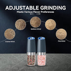 Gravity Electric Salt and Pepper Grinder set of 2, Automatic Salt And Pepper Grinder Set, Adjustable Roughness, Battery Powered, LED Light, 2 Pack, (Grey)