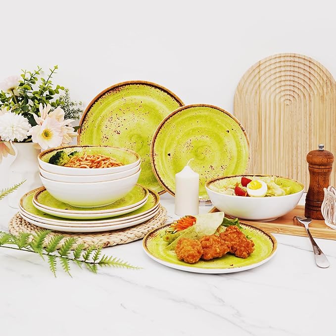 TP 12-Piece Melamine Dinnerware Sets, Plates and Bowls Dishes Set for 4, Break-Resistant & Non-Microwavable, Lightweight Dinner Plates, Green Swirl