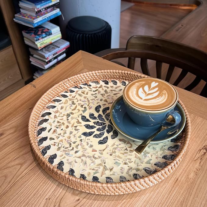 Terrekraft 14" Large Rattan Serving Tray with Mother of Pearl, Round Coffee Table Tray Decor, Boho Decorative Hand-Woven Wicker Home Decor (Lucky Flower)