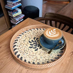 Terrekraft 14" Large Rattan Serving Tray with Mother of Pearl, Round Coffee Table Tray Decor, Boho Decorative Hand-Woven Wicker Home Decor (Lucky Flower)