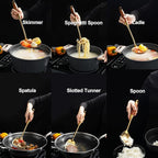 Gold Kitchen Utensils Set with Wooden Handle, 6 PCS Professional Stainless Steel Cooking Utensils Set, Wok Spatula, Ladle, Skimmer, Slotted Spatula Turner, Spaghetti Spoon, Large Spoon