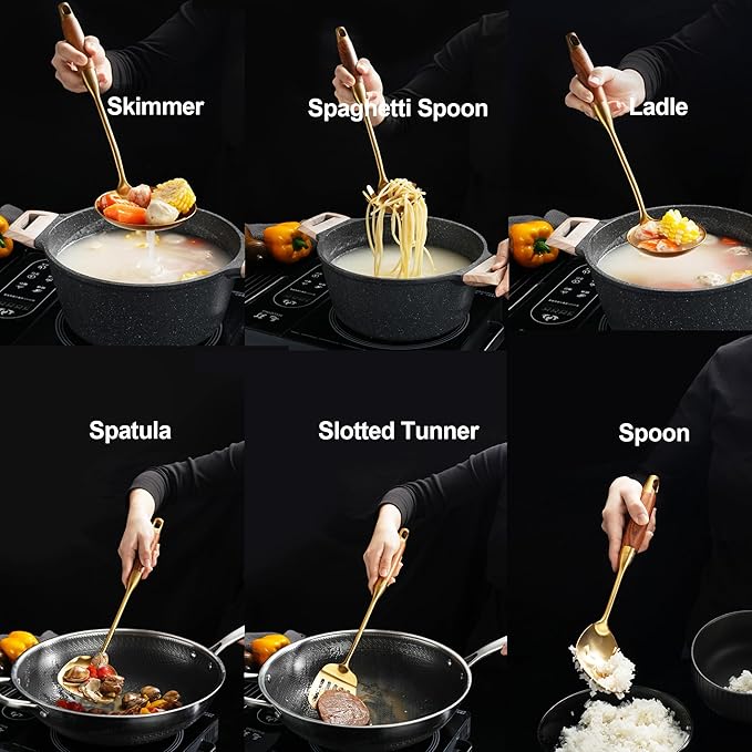 Gold Kitchen Utensils Set with Wooden Handle, 6 PCS Professional Stainless Steel Cooking Utensils Set, Wok Spatula, Ladle, Skimmer, Slotted Spatula Turner, Spaghetti Spoon, Large Spoon