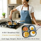 4-Cup 4-Hole Divided Titanium Nonstick Egg Pan, Induction Compatible 4-in-1 Breakfast Skillet for Pancakes, Burger Patties, Omelettes, PFOA-Free, Fast Heating, Dishwasher Safe