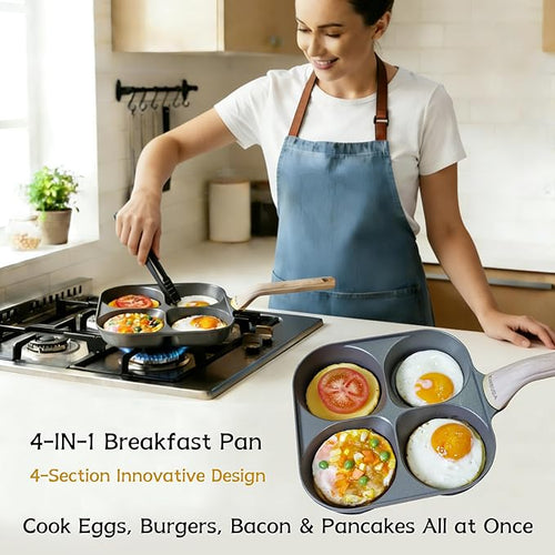 4-Cup 4-Hole Divided Titanium Nonstick Egg Pan, Induction Compatible 4-in-1 Breakfast Skillet for Pancakes, Burger Patties, Omelettes, PFOA-Free, Fast Heating, Dishwasher Safe