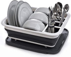 Masirs Pop-Up Collapsible Dish Drying Rack: Convenient Storage, Drains into Sink, Eight Large Plate Capacity, Sectional Cutlery and Utensil Compartment. Compact and Portable Design.