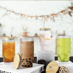 16oz Glasses Cups with Bamboo Lids Straws Brush Vintage Glass Tumbler Set for Mojito Iced Coffee Beer Cocktail Whiskey(Mixed)