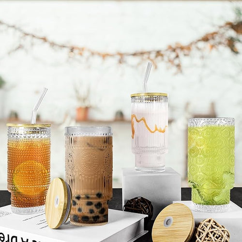 8 Pcs 16 oz Hobnail Glasses Cups Set with Bamboo Lids Straws Brush Hobonail Ribbed Glassware Set for Juice Iced Coffee Beer Cocktail Whiskey