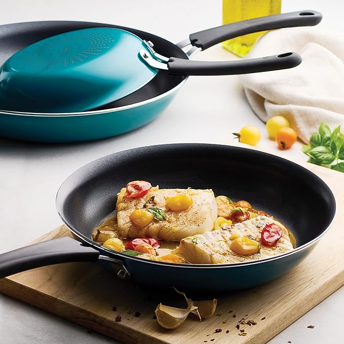 Tramontina Porcelain Enamel Non Stick 3-Pack Frying Pans, Skillet Set with Reinforced Nonstick Coating, Dishwasher and Oven Safe (Teal)