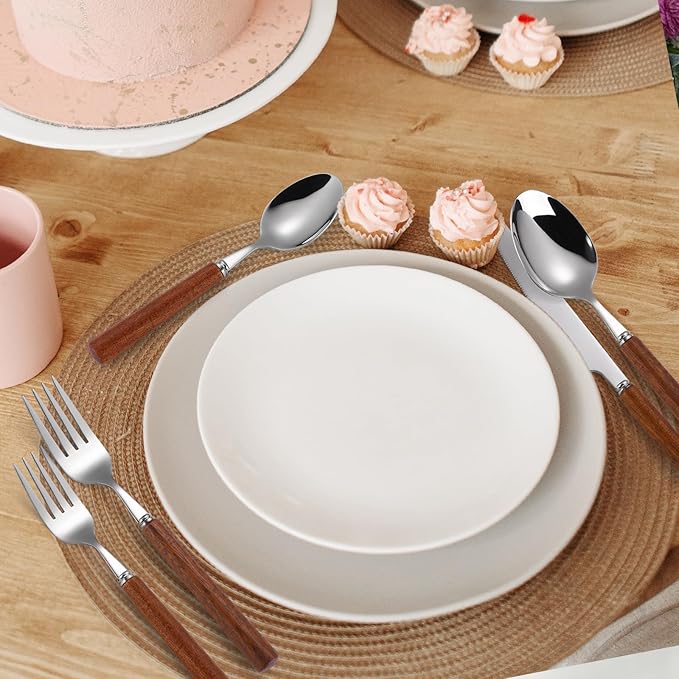 Silverware Set, 20 Piece Mirror Flatware Set 18/8 Stainless Steel Eating Utensils With Wooden Handle, A Complete Tableware Cutlery For Most Families,Knife Fork Spoon Service For 4 Dishwasher Safe