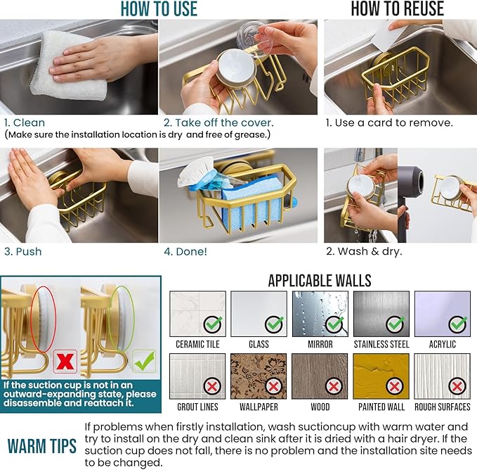 TAILI Sink Caddy with Strong Suction Cup, Sponge Holder for Kitchen Sink Organizer, Removable Sponge Caddy Inside Sink, Rustproof Aluminum Holder for Sponges, Brushes - Gold