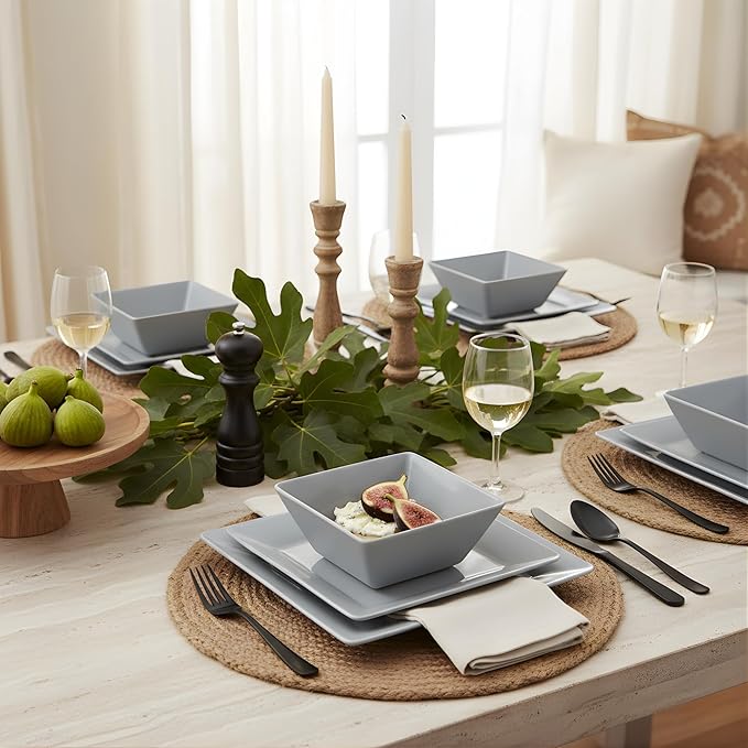 TP 12-Piece Melamine Dinnerware Sets, Plates and Bowls Dishes Set for 4, Break-Resistant & Non-Microwavable, Lightweight Square Dinner Plates, Grey