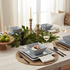 TP 12-Piece Melamine Dinnerware Sets, Plates and Bowls Dishes Set for 4, Break-Resistant & Non-Microwavable, Lightweight Square Dinner Plates, Grey