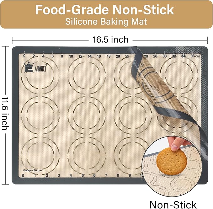 Silicone Baking Mat Set, GUANCI Grade Food Baking mats Non-Stick Reusable Pizza Bakeware Mat for Making Macaroon, Pizza, Cookie, Pastry, Bread, Brown (2PCS-GR)
