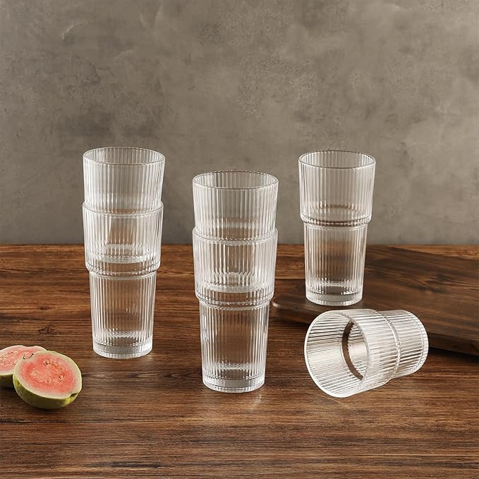 Ribbed Drinking Glasses with Lids & Straws, Leak-Proof 20oz and 15oz Glass Cups, 8PCS Glass Tumblers, Ideal for Home, Office, Outdoor Use