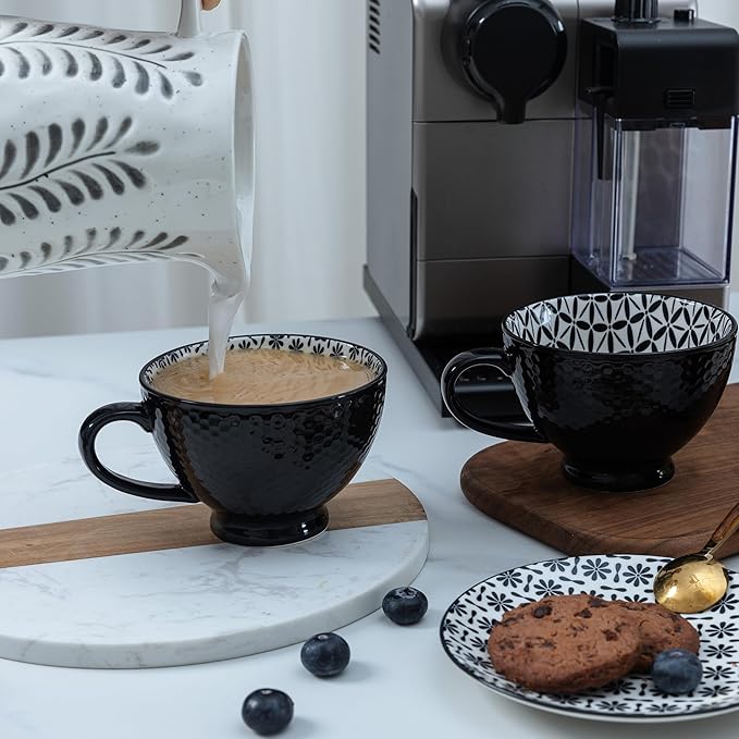LEHAHA Coffee Mugs Set of 6, 14 Ounces footed Ceramic Mugs, Porcelain Black Coffee cups with handle for men women for Coffee, Tea, Cappuccino, Cocoa, Cereal, Black