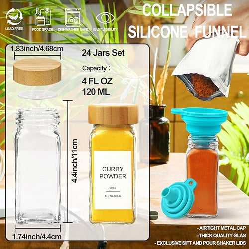 AISIPRIN Glass Spice Jars with 398 Labels, 24 pcs 4oz Spice Containers with Bamboo Lids, Square Spice Bottles With Shaker Lids,Spice Organization for Cabinet,Drawer,Rack,Seasoning Organizer