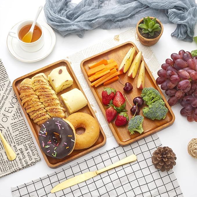 1 pcs 15"x 10" Solid Acacia Wood Serving Tray Rectangular Wooden Serving Platter Natural Wooden Board for Bar Coffee Party