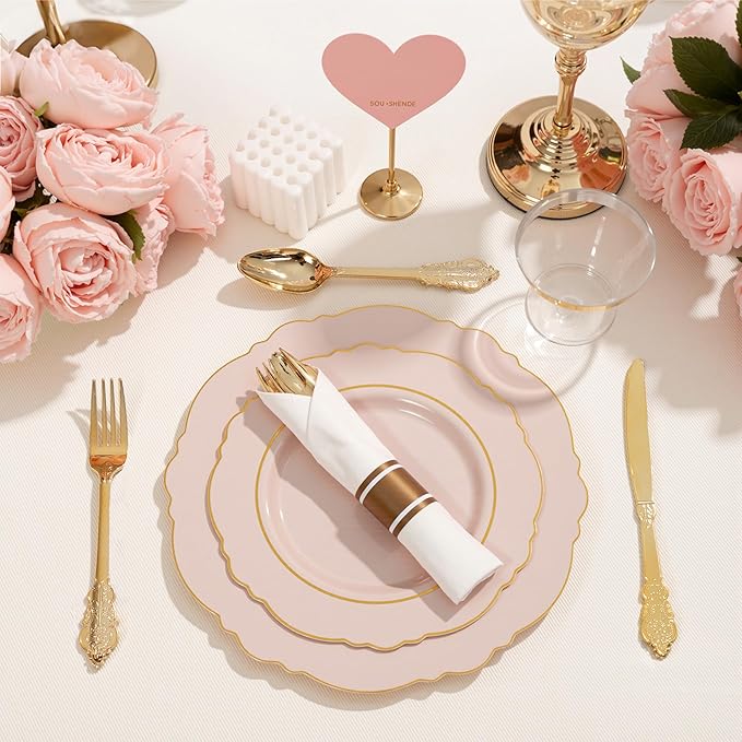 Liacere 350PCS Pink Plates Disposable-PinK Plates 50guest Baroque Plastic Dinnerware include 100Plates, 50Pack Pre Rolled Napkins with Silverware 50Cups Perfect for Wedding ＆ Party & Mothers Day