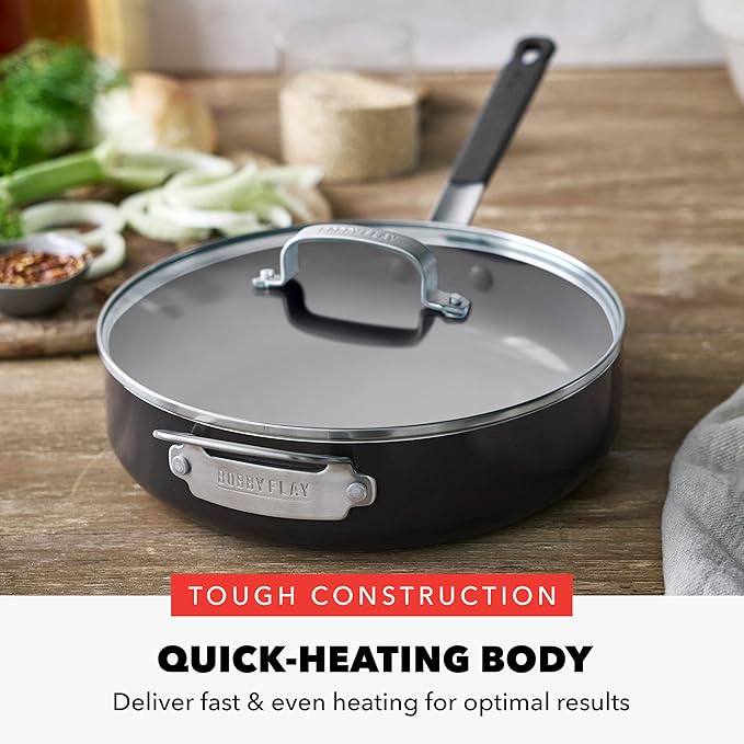 GreenPan x Bobby Flay 4.5QT Nonstick Saute Pan with Glass Lid, PFAS-Free Diamond Ceramic, Induction Suitable, Stay-Cool Silicone Handle, Easy Clean Dishwasher & Oven Safe, Black