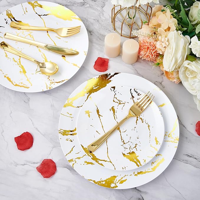JOLLY PARTY 180PCS Disposable Dinnerware Set 30 Guest, 60 White and Gold Plastic Plates, 30 Plastic Silverware, 30 Cups, Marble Design Disposable Dinnerware for Wedding, Thanksgiving and Parties