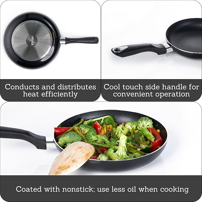 IMUSA 8in Bistro Aluminum Nonstick Fry Pan with Cool Touch Handle, Small Skillet for Eggs, Omelets, Sauteing, and Everyday Cooking, Black