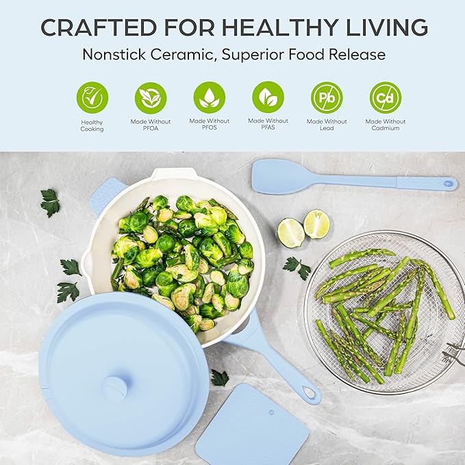 ZUKA 10 in 1 Ceramic Pan by Granitestone, Large 10 Inch Saute Pan with Lid Serves as Deep Frying Pan Set with Steamer, Everyday Skillet, Non Toxic Ceramic Nonstick, Induction Oven & Dishwasher Safe