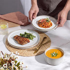 E-far Stoneware Dinnerware Sets for 2, 6-Piece Plates and Bowls Sets, Chip & Scratch Resistant Ribbed Dish Set for Home Restaurant, Microwave & Dishwasher Safe, Creamy Beige