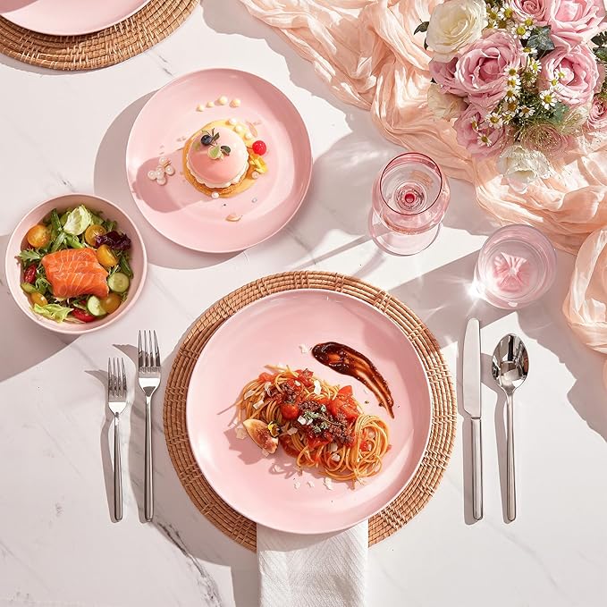 KINGSTONE 24-Piece Bone China Dinnerware Set for 8, Lightweight Porcelain Round Plates and Bowls Set, Durable Scratch Resistant Ceramic Dinner Set, Microwave & Dishwasher Safe, Sakura Pink