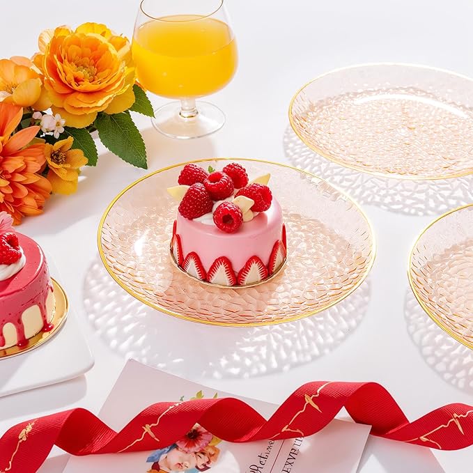 Rubtlamp 350 Pcs Plastic Dinnerware Set (50 Guests), Orange And Gold Plastic Plates, Hammered Party Plates Set Include Dinner Plates, Dessert Plates, Cups&Cutlery Set And Napkins for Wedding And Party