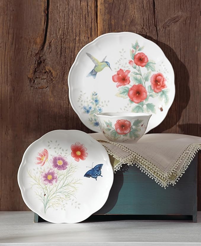 Lenox Dinnerware Set, Butterfly Meadow Flutter 12-Piece Set, Service For 4, Elegant White Porcelain, Dishwasher Safe, Chip Resistant, Plates And Bowls Sets, Home and Kitchen (Assorted, 12 Pieces)