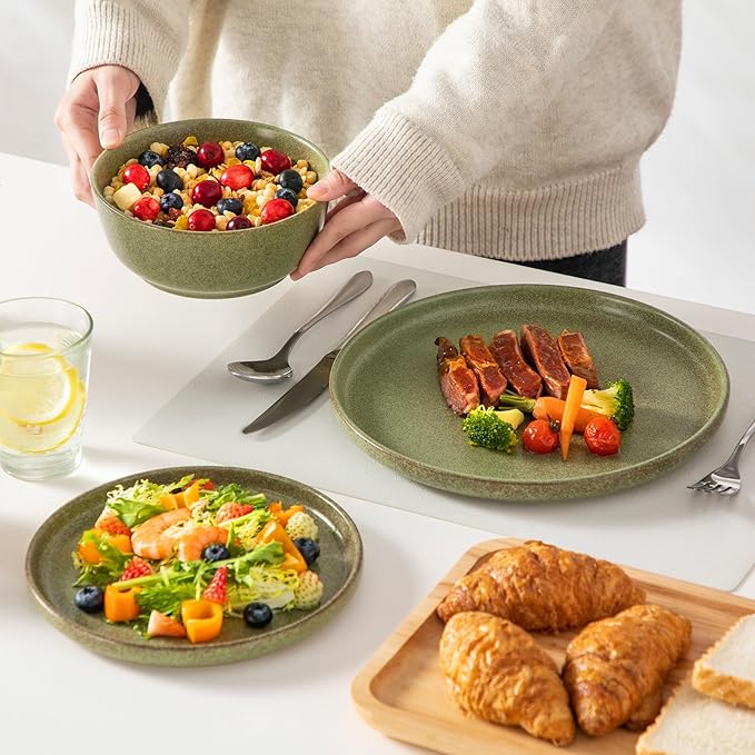 vancasso ZERMATT Stoneware Plates and Bowls Sets for 6, 18 Pieces Dinnerware Set for Kitchen, Chip Resistant Reactive Glaze Dishes, Dishwasher & Microwave Safe, Green